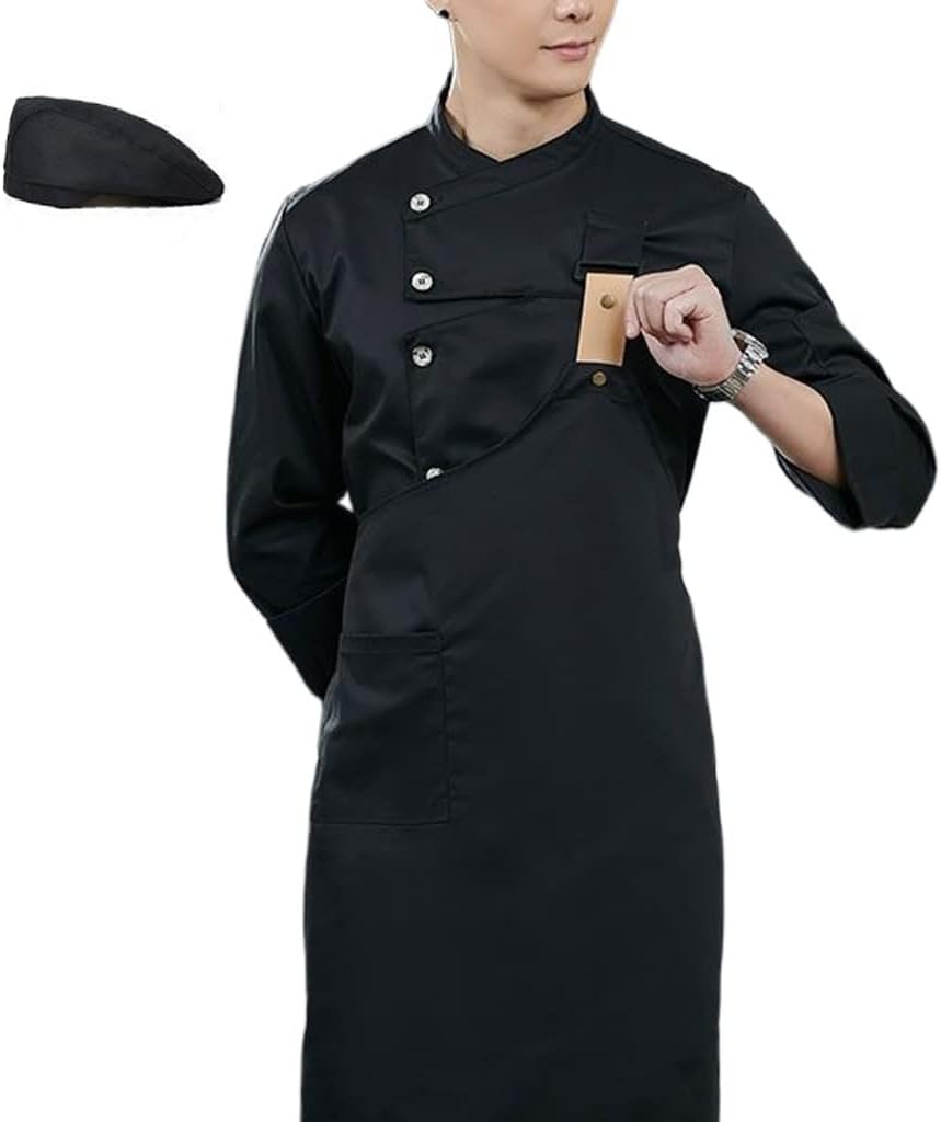 Mens Chef Clothes Chef Coat Uniform Personalized Customized Tops + Apron + Hat 3pcs (Color : Black1, Size : Medium)