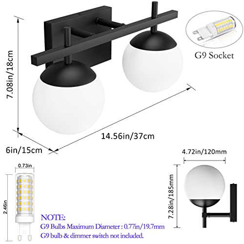 Image of Ralbay Matte Black Bathroom Light Fitures 2-Light Mid Century Modern Bathroom Light Fixture Matte Black Milky Glass Ball Wall Light Black 2 Light