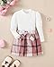 Kucnuzki Toddler Girls Plaid Outfits Girls Puff Sleeve Knit Ribbed Shirt Tops Plaid Skirt Set Kids Fall Winter Clothes Pink Dress for 5-6 Years