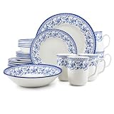 Tudor Royal 24-Piece Round Dinnerware Set, Service for 6, Aster Blue Design, Blue Floral, Plates Bowls Mugs Dishes, High Gloss Premium Quality