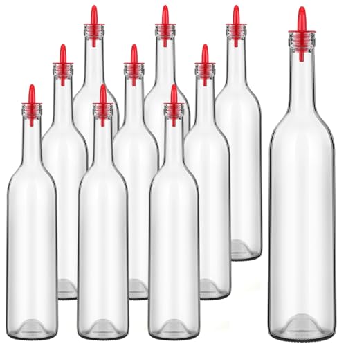 Maxdot 10 Pcs Glass Bottles with Pourer 750ml Long Neck Bordeaux Wine Bottle Clear Empty Wine Syrup Juice for Home Bar Liquor Juice Making Wedding Anniversary Party(Red)