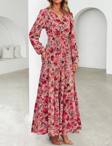 ZESICA Women's 2025 Fall Long Sleeve Maxi Dress Floral Print V Neck Empire Waist A Line Tiered Flowy Boho Party Dresses3