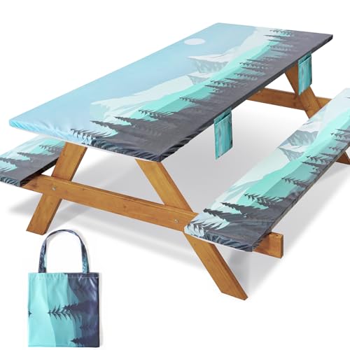 Fitted Picnic Table Cover with Bench Covers Elastic Water Proof Outdoor Camping Tablecloth for 8 Foot Rectangle Tables Roadtrip Summer Organization Rv Car Essential Holiday Gifts for Campers