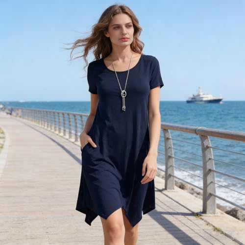 Image of Women Casual Loose Soft Crewneck Short Sleeve Pockets Swing T-Shirt Dress