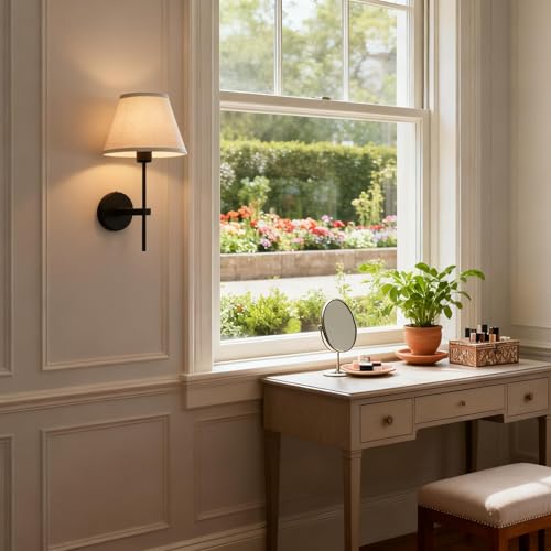 Image of Pathson Vintage Linen Wall Sconce Big Flared Fabric Lampshade, Hardwired Wall Vanity Light Fixture Upwards Install, Indoor Bedside Lamp Victorian Decor for Living Room, Stairwell, Fireplace, Foyer