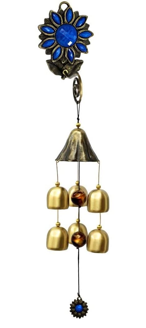 Carillon a Vent pour Maison Soleil Fleur Crochet Pur Cuivre Vent Carillon Suspendu Chambre Salon Maison Tenture Murale Métal Pendentif Décoration Décoration Intérieure(Blue,Six Bells)