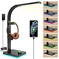 QNTC LED Desk Lamp with Eye-Caring Light, USB Ports, 7 Color Modes, Flexible Gooseneck & Headphone Stand for Home Office, Bedroom, and Study (Black Green)