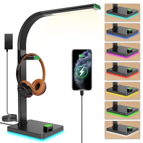 QNTC LED Desk Lamp with Eye-Caring Light, USB Ports, 7 Color Modes, Flexible Gooseneck & Headphone...
