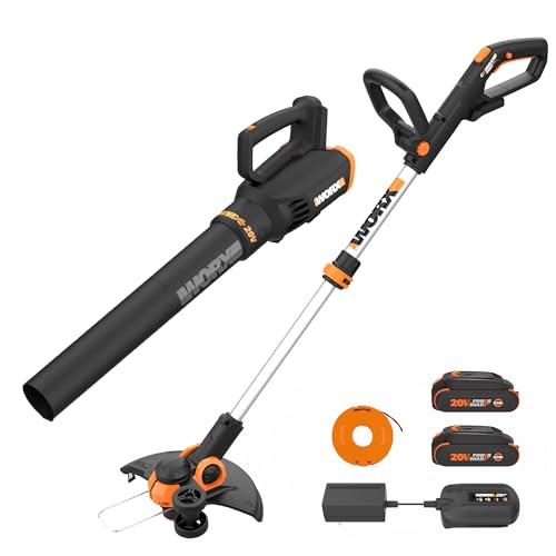 WORX 20V 12'' Cordless String Trimmer & 360 CFM Leaf Blower Combo, 2 Batteries & Charger Included,...