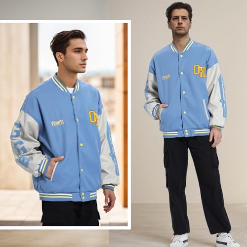 Image of Mens Varsity Jacket Baseball Bomber Jacket Vintage Unisex Streetwear Coats with Patchwork Hipster Utility Tops