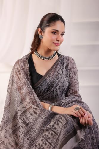 Image of TAMAIRA FASHION Off White Mulmul Pure Cotton Saree For Woman Warli Printed|Office Wear Daily Wear Sarees For Women Without Blouse Piece (Available in 21 Colours)