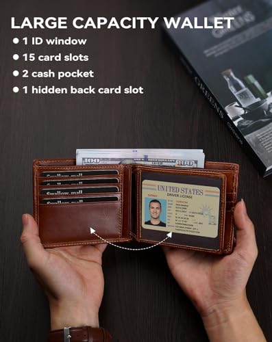 Image of Swallowmall Wallet for Men RFID Blocking Genuine Leather Mens Wallets Bifold with 1 ID Window 15 Card Slots redbrown
