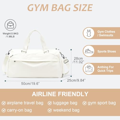 Image of Gym Bag for Women Men with Shoe Compartment,Waterproof Sports Duffle Bag for Travel Weekender Overnight Carry on Bag Gym Tote Bags Workout Bag for Swimming Yoga Hospital Holdalls Beige