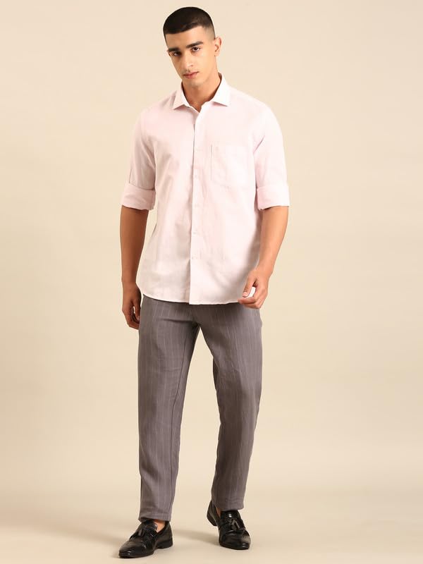 Image of Cavallo by Linen Club Men's Blended Linen Blue Solid Contemporary Fit Full Sleeve Casual Shirt