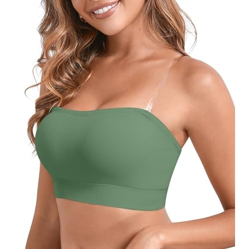 DEANGELMON Strapless Bras for Women Wireless Push Up Non-Slip Bandeau Bra Seamless Clear Straps TubeTop Padded Bralette Olive Green X-Large
