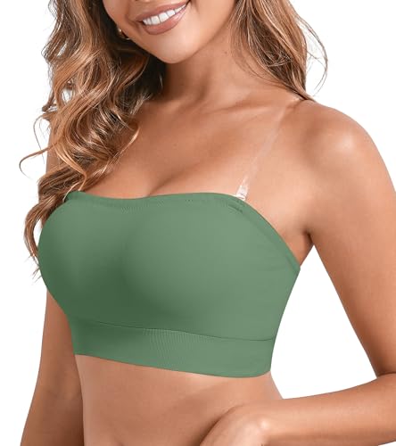 Image of DEANGELMON Strapless Bras for Women Wireless Push Up Non-Slip Bandeau Bra Seamless Clear Straps TubeTop Padded Bralette