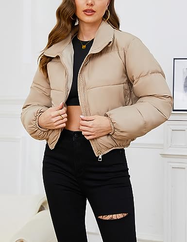 Gihuo Women’s Stylish Khaki Cropped Puffer Jacket for Winter Warmth with Zip Pockets - Image 2