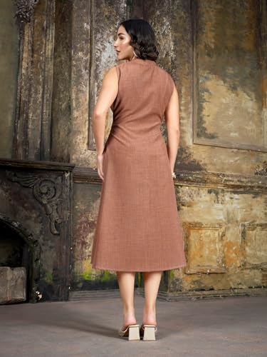 Image of PURVAJA Women's Pleated Knee Length Sleeveless Mandarin Collar Solid Dress