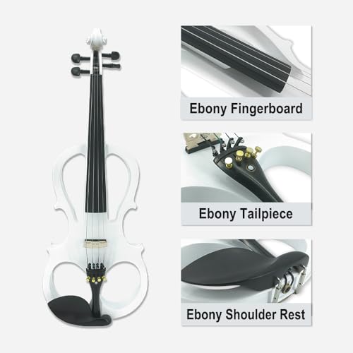 Vetimobato 16 Inch Electric Viola 4 String Practice Silent Viola Solidwood Walnut with Maple Neck Ebony Fittings Metallic Coating Case Bow Headphones AUX Cable Perfect for Beginner Professional(White) - Thumbnail 5