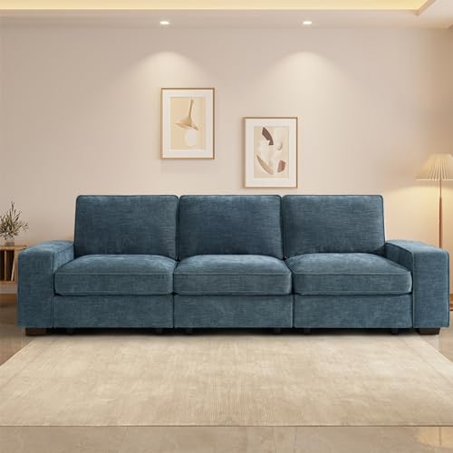 Image of TEKAMON 100 inch Modular Sofa with Seats Storage, Comfy 3-Seater Chenille Fabric Couch for Living Room, Office, Apart W /Deep Seat, USB Charging, Upholstered Couch with Removable Cover (Blue)