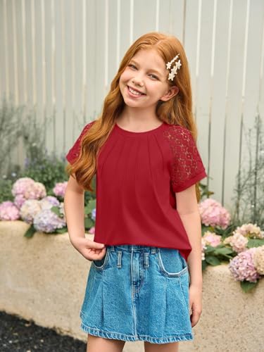 Image of Girls Pleated T Shirts Kids Fashion Lace Sleeve Summer Tops 5-14 Years | Casual Crewneck Blouse,Fashion Clothes