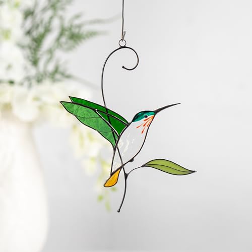 Gift Birds Handmade Stained Glass Suncatcher Genuine Stained Glass Window Hangings Unique Indoor Ornament & Outdoor Decor (HUMMINGBIRD)