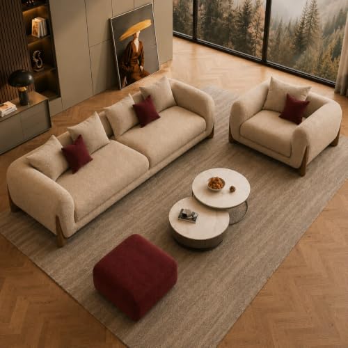 Image of Modern Boucle Sofa for Living Room Bedroom Reception and Office Wooden Polished Leg Sofa for Living Room (Taupe and Maroon, 3+1+Ottoman)