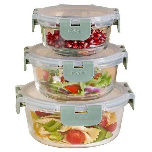 Image of Nestasia Nestro Airtight Glass Containers with Lid Set of 3 (215ml, 400ml, 600ml) | Spill Proof Round Glass Containers with Break Free Lock - Microwave, Dishwasher & Freezer Safe (Green)