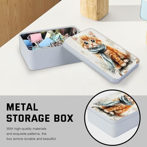 Image of Metal Tin Box with Lid,Multi-functional Storage Large Box Can Store Tea Biscuits Game Cards, Playing & Tarot Cards-Comes with 4 Magnetic Cord Clips,Kitten with Blue Scarf