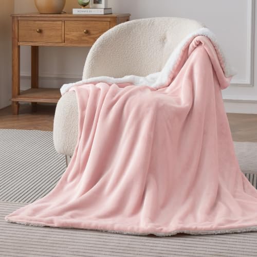 Image of Bedsure GentleSoft Sherpa Fleece Throw Blanket for Couch, Non-Heated, Thick and Warm Throw Gifts for Women and Girls, Soft Fuzzy Plush Kids Blanket for Spring, Room Home Decor, Pink, 50x60 Inches