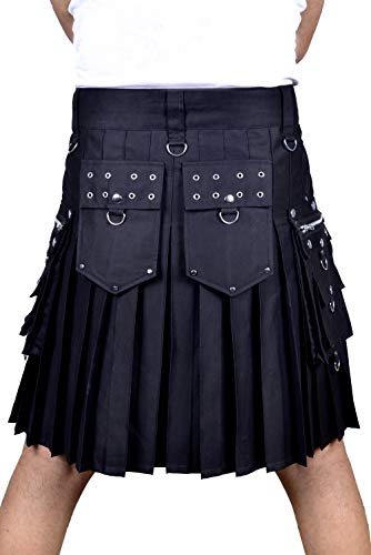 DSS KILTS-Men's Black Cotton Gothic Utility 8 Pockets Kilt (Black Gothic 8 Pocket, 38" at Belly Button)