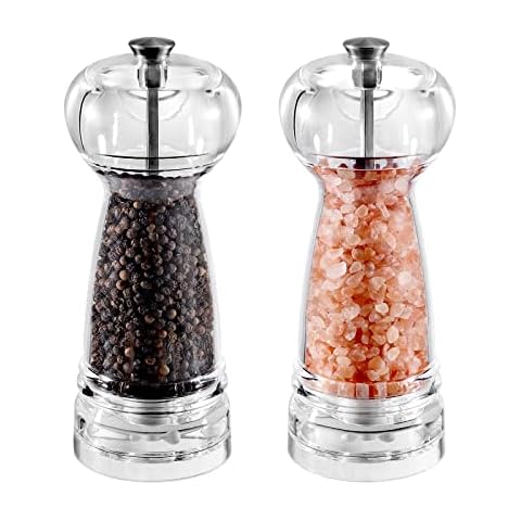 VEVOUK Clear Acrylic Salt and Pepper Grinder Mill, Set of 2 Refillable Ceramic Adjustable Coarseness Salt Mill Shaker Himalayan Salt Peppercorn Grinder Kitchen Set Cover