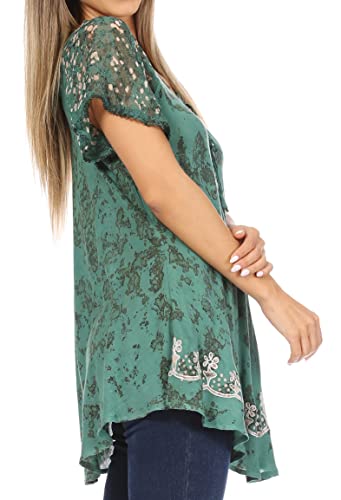 Image of Sakkas Ash Speckled Tiedye Embroidered Cap Sleeve Blouse Top with Embroidery Hems