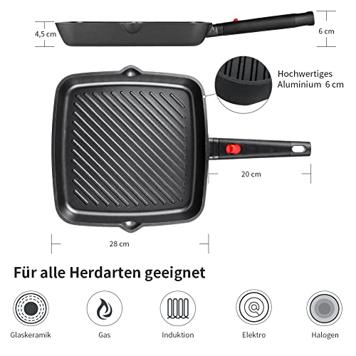 Foto von Grillpfanne Induktion mit Abnehmbarem Griff und Ausguss, Steakpfanne Antihaft Aluminiumguss, 28×28 cm, für induktionsherd, Alle Herdarten, bratpfanne PFOA-freie, Schwarz