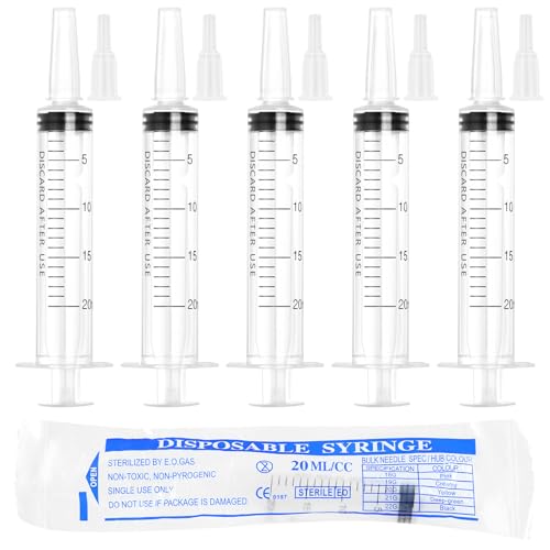 Image of 20ml Syringe for Liquid,5 Pack Large Plastic Syringes with Adapters and Cap,Individually Sealed Syringe for Feeding,Irrigation Water and Scientific Labs