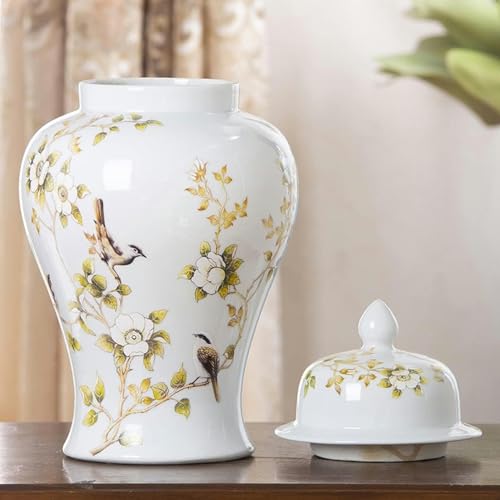Vase pot de gingembre en céramique blanche et oiseaux décoratif