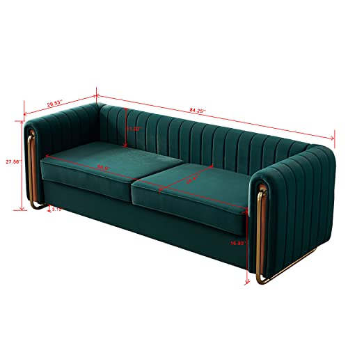 Image of KEIKI 84 inch Velvet Deep Channel Tufted Sofa with Back Cushions and Rolled Arms, Modern Style 3-Seater Couch with Golden Polished Steel Legs, Easy Assembly, for Living Room, Bedroom, Office, Green