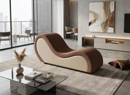 Image of SOUL CRAFT Sheesham Wood Leatherate Tantric Loung Chair, Yoga Chaise Lounge,Chaise Sofa Modern Lounge,Relaxing Chaise Lounge Chair, loveseats with Cushion (Brown and Beige)