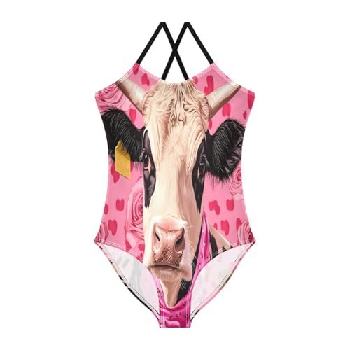 Cow Pink Roses Kids Swim Suits, Girls Athletic Swimsuit, Beach Bathing Suits Girls 3-10T with Adjustable Shoulder Strap