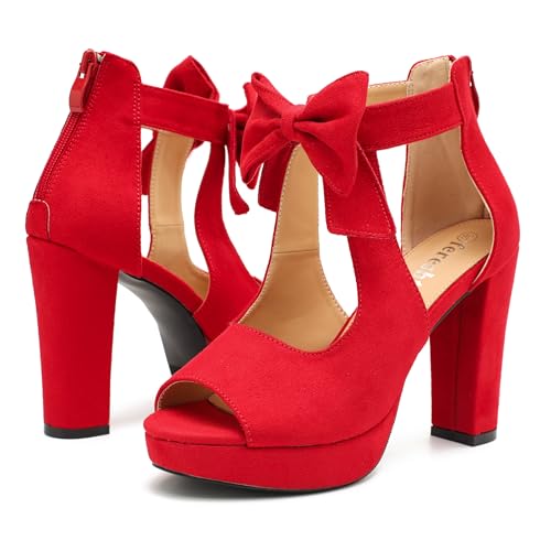 Image of fereshte Women's Bow Chunky Heel Sandals, Platform High Heel, Peep Toe, 3.94 Inch Block Heel