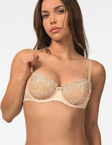 Image of Wingslove Women's Sexy Lace Bra Demi Sheer Mesh Balconette See Through Bralette Unlined Underwire Embroidered