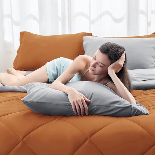 HEVUMYI King Comforter Set - 7-Piece All Season Bed in a Bag King, Ultra Soft Bedding Set with Comforter, Flat Sheet, Fitted Sheet, Pillowcases, Pillow Shams, Orange & Light Grey