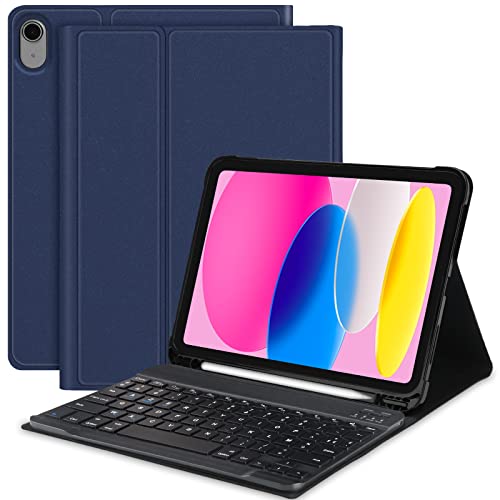 SENGBIRCH Clavier Coque iPad 10ème Génération 10,9 Pouces 2022 - Détachable sans Fil iPad 10ème 2022 Clavier Français AZERTY - Housse Coque Trifold avec Réveil/Sommeil Auto, (Bleu) Cover
