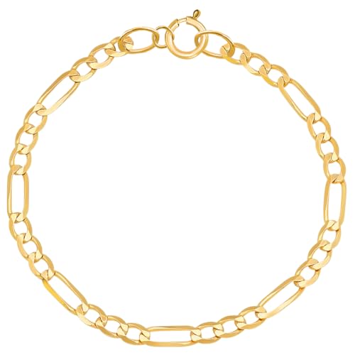 Genuine Solid 1/20 14K Yellow Gold Figaro Link Bracelet 3 mm 7 Inch for Men and Women