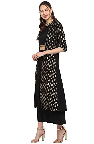 Janasya Black Foil Printed Crop Top With Palazzo And Ethnic Jacket #TOP2