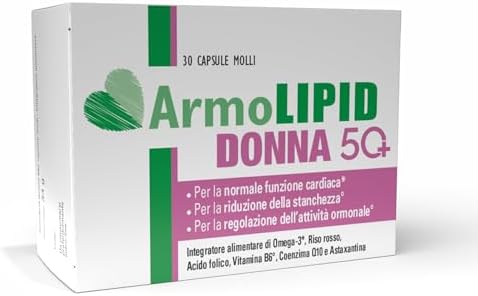 ArmoLipid Donna 50+, Integratore Alimentare con Omega 3, Vitamina B6, Risso Rosso Fermentato,Supporto per Menopausa, Cuore e Stanchezza, Senza Glutine