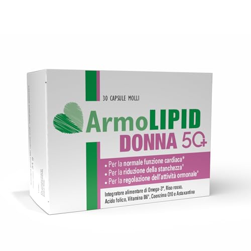 ArmoLipid Donna 50+, Integratore Alimentare con Omega 3, Vitamina B6, Risso Rosso Fermentato,Supporto per Menopausa, Cuore e Stanchezza, Senza Glutine