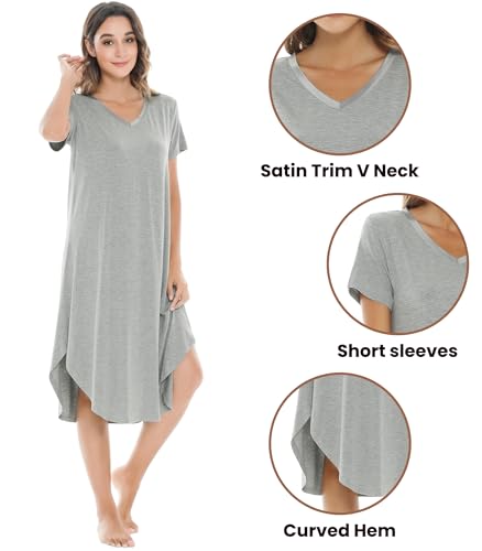 Image of NACHILA Nightgowns for Women-Viscose Made from Bamboo, V Neck Sleepshirts Short Sleeve Sleepwear Cool Nightshirt