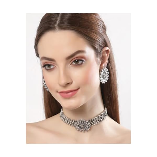 ISLANA Latest Stylish Oxidised multistring Jewellery Set for Girls & Women | Brass Necklace Set with Earrings | Modern Floral Set | Fancy Floral Design with Earring for Girl - Image 4