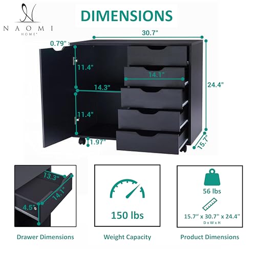 Image of Naomi Home Under Desk Rolling Office File Cabinet with 5 Drawers & Side Storage Cabinet, Mobile Organizer with Shelves & Swivel Casters for Home Office - Black